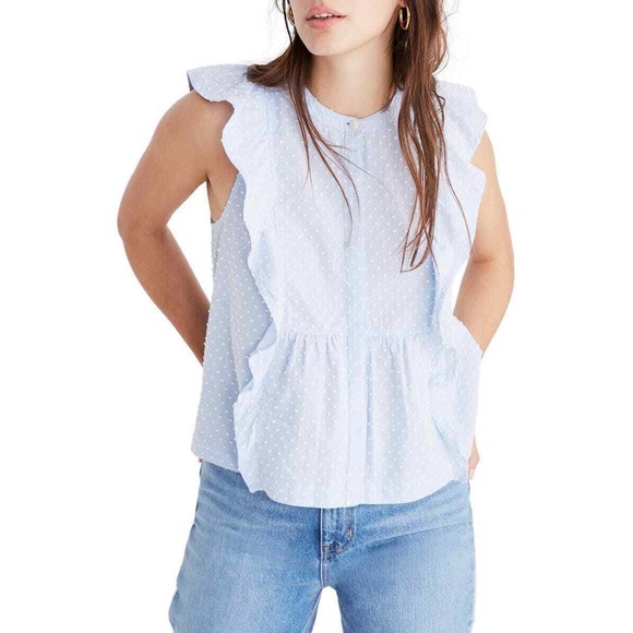 Madewell Tops - Madewell Blue Swiss Dot Ruffled Blouse Top XXS